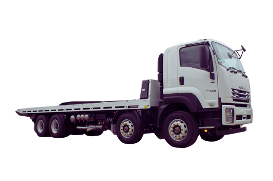 Side view of a 2024 Isuzu FYH 8x4 TT20 Tilt Tray truck featuring a flatbed with HARDOX 450 deck and STRENX 700 side profiles, designed for heavy-duty transport and container handling.