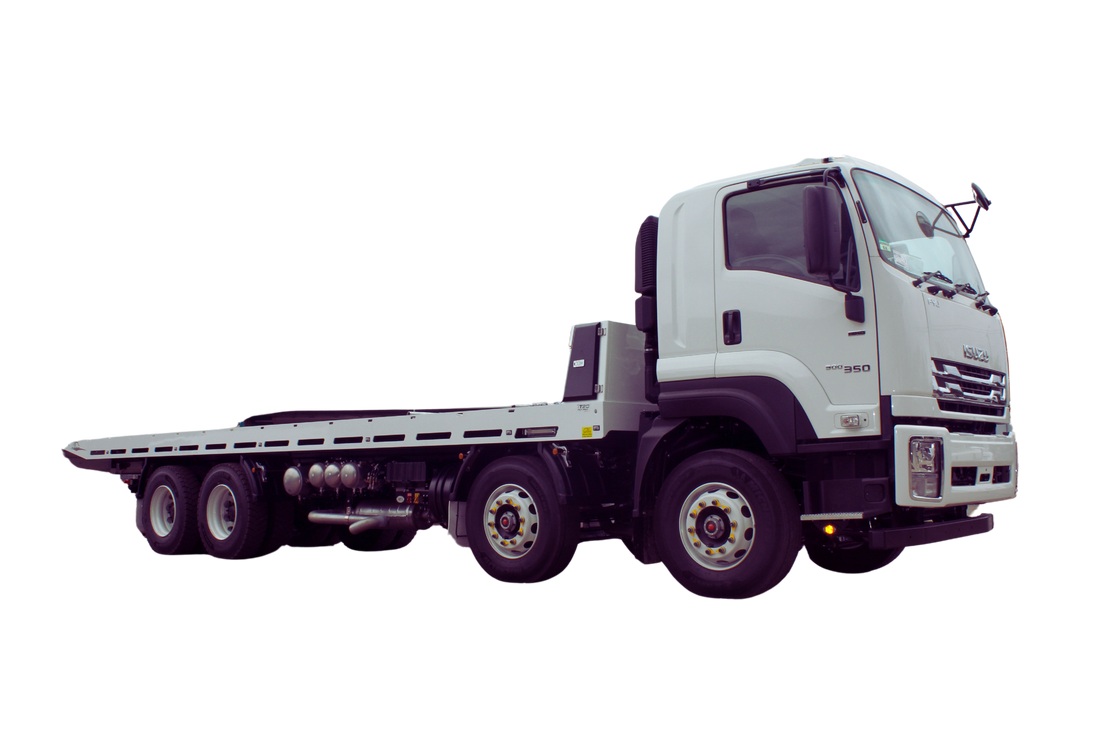 Side view of a 2024 Isuzu FYH 8x4 TT20 Tilt Tray truck featuring a flatbed with HARDOX 450 deck and STRENX 700 side profiles, designed for heavy-duty transport and container handling.
